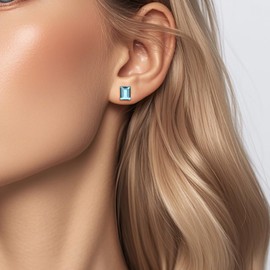 Rectangle Aquamarine Earrings Blue Crystal Sterling Silver Stud Earrings Sparkly Gemstone Earrings Dainty Fashion Jewelry for Women