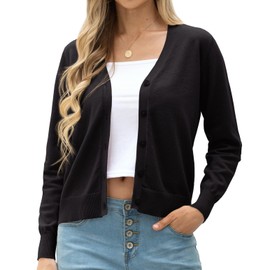 GRECERELLE Women's Lightweight Knit V-Neck Cardigan Jumper Casual Soft Long Sleeve Buttons Down Jumpers Tops for Dress Summer Evening Wedding (Black, S)