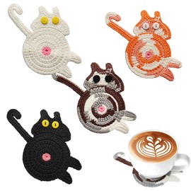 Cute Cat Cup Coasters - Gifts for Cat Lovers, Woven Creative Knitted Coaster for Coffee and Tea, Funny Drink Insulation Table Protection Desktop Gifts (4PCS)