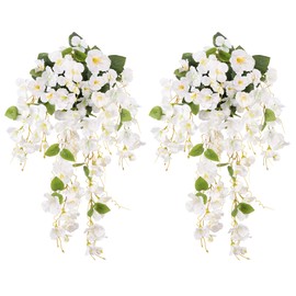 Fake Hibiscus Artificial Hanging Flowers Plants for Outdoors Spring Decoration, 2pcs Silk Hibiscus Vines Realistic UV Resistant White Faux Flowers for Outside Planter Porch Patio Yard Wedding Party