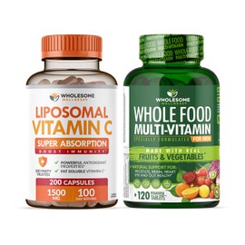 Wholesome Wellness Wholesome Wellness Liposomal Vitamin C Capsules (200 Pills 1500mg Buffered) High Absorption + Food Multivitamin for Men - Natural Multi Vitamins, Minerals, Organic Extracts Bundle