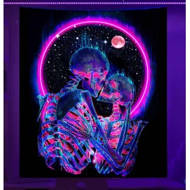 Onivein Blacklight Skull Tapestry Glow In The Dark Tapestry The Kissing Lovers UV Reactive Neon Moon Stars Tapestries Posters Wall Hanging for Bedroom Aesthetic(51.2” x 59.1”)