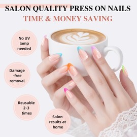 Sifvoo French Tip Press on Nails, Short Press on Nails Almond Reusable Glossy Soft Gel False Nails Press ons for Women, 15 Sizes 32 Count Nails Kit with Glue (SV-01)