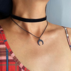 Aluinn Moon Black Choker Necklace for Women Boho Velvet Adjustable Layered Choker Necklace Goth Jewelry for Women