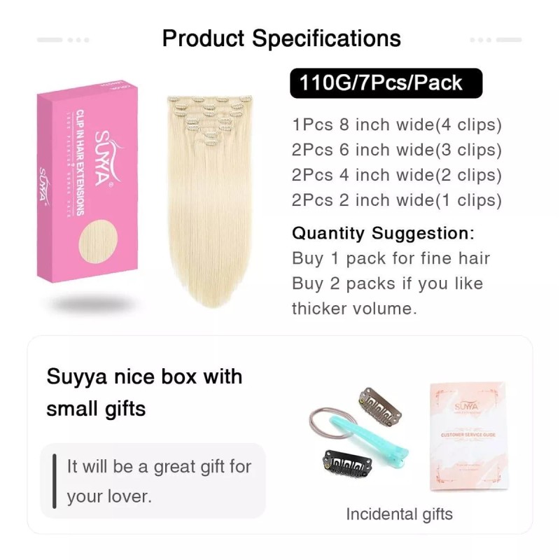 Suyya Extensiones Cabello Natural 14in Blanqueador Rubio 110gr