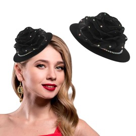 Bohend Fascinator Hat Flower Black Vintage Derby Hat Tea Party Wedding Hair Accessories with Rhinestones for Women and Girls, black