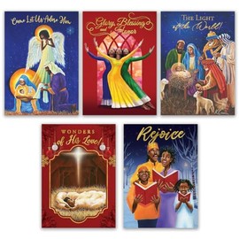 African American Expressions - Embossed Christmas Cards Boxed Set - Traditional Religious Designs - Set of 15 (5x7) Cards with Foil-Lined Envelopes & Gold Sticker Seals - Assortment 9