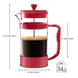 Utopia Kitchen 34 Ounce 1 Liter French Press Coffee Maker, Tea Maker, Travel Coffee Presses, Heat Resistant Thickened Borosilicate Coffee Pot for Camping Travel Gifts, Red Pack of 1