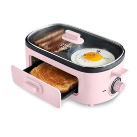 GreenLife 3-in-1 Breakfast Maker Station, Healthy Ceramic Nonstick Dual Griddles for Eggs Meat Sausage Bacon Pancakes and Breakfast Sandwiches, 2 Slice Toast Drawer, Easy-to-use Timer, Pink