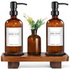 Kitchen Soap Dispenser Set with Wood Riser Tray, Amber Glass