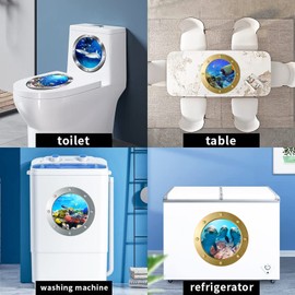 3D Wall Sticker Underwater World, 4 Pieces Wall Sticker Bathroom Porthole Decoration, Wall Sticker Bathroom Pictures Porthole Underwater World Wall Sticker (Gold + Silver)