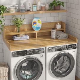 Corbyles Washer Dryer Countertop with 2-Tier Shelf, 54" W x 27.55" D Laundry Countertop with 2.75" H Guard Edge Rails, Wood Topper with Non-Slip Pad (Pure Wood Color)