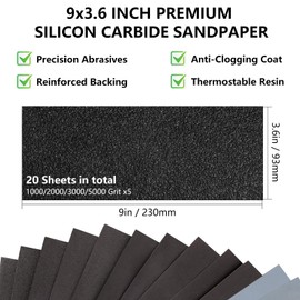 Shineboc Fine Sandpaper Assortment 1000/2000/3000/5000 Grit, 20 Sheets, 9 x 3.6 Inch Wet Dry Sand Paper, Hand Sanding Sheets for Wood Metal Automotive Sanding and Polishing