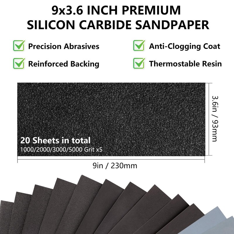 Shineboc Fine Sandpaper Assortment 1000/2000/3000/5000 Grit, 20 Sheets, 9 x