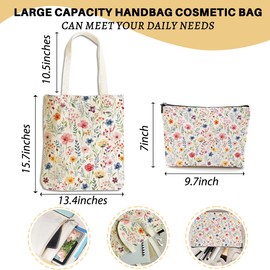 XLRSDF Aesthetic Flower Canvas Tote Bag Makeup Bag Beach Bags for Women Girls Daughter Mom Plant Lovers Birthday Christmas Friendship Wedding Reusable Grocery Bags with Inner Pocket for Shopping