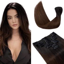 Elailite Hair Extensions Clip in Real Human Hair Invisible Natural 8 Pieces Thin Weft Full Head Straight - #Ombre 1B/4 Natural Black ombre Medium Brown - 12 Inch (55 g)