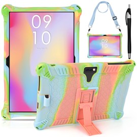 DETUOSI Feonal 10 inch Silicone Case with Shoulder Strap & Stylus Pen, Multi-Angle Stand Tablet Case, Soft Lightweight Cover for Winsing MTK 10 inch Tablet, ANTEMPER Touch, Orange Pink & Blue