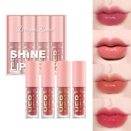 Brillos De Labios Hidratante 4PCS Nude Lip Gloss Líquido Lápiz Labial Impermeable Cristal De Larga Duración Jalea De Labios Plumping Lip Gloss Teñido Para Mujeres (#A)
