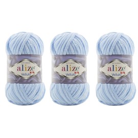 Alize Velluto 100% Micropoliéster para manta de bebé, lote de 3 SKN 225 yardas 3 x 100 gramos, peso del hilo: 7 Jumbo (218 azul bebé)