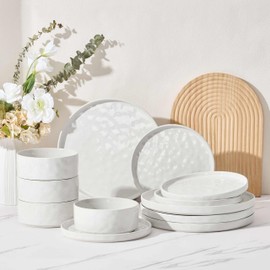 Herogo 12 Pieces Stoneware Dinnerware Sets for 4, Ceramic Plates and Bowls Sets, Dinner Dishware for Home Kitchen, Dishwasher & Microwave Safe, Speckled White