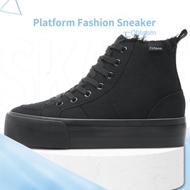 Obtaom High Top Platform Sneakers Women Mid Calf Play Canvas Shoes Washed Platform Skate Skateboard Shoe Casual Canvas Fashion Sneakers(Black Mono,US5)
