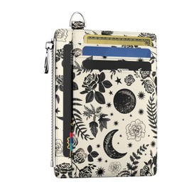 Hancynir Goth Moon Floral Slim Wallet Women Credit Card Holder Gothic Flower RFID Blocking Small Cute Card Wallets Mini Front Pocket PU Leather Thin Travel Zipper Coin Cash Ladies Female Wallet Gifts
