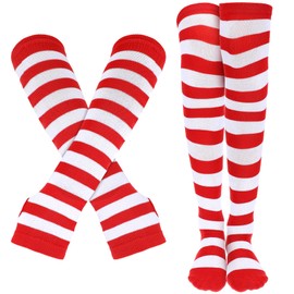 Red and White Knee High Striped Socks and Arm Warmers Set Christmas Knee High Socks Striped Fingerless Long Gloves for Women Girls Candy Cane Christmas Outfit Sports Holiday Themed Party Accessories