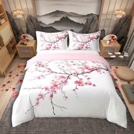 Cherry Blossom Cotton Duvet Cover Set(No Comforter),Japanese Style Pink Blooming Floral Bedding Set,Natural Garden Pink Red Flowers Aesthetic Quilt Cover Set,Ultra Soft Queen Size