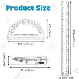 Zonon 3 Pcs Geometric Math Set, Drawing Compass, 6 Inch Protractor and Plastic Clear Ruler Transparent Drawing Supplies for School Classroom Home Office Use(Clear,12 Inch)