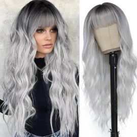 MINSEEYOO Silver Wig with Bangs for Women Long Silver Gray Wavy Wigs 26 Inch Silver Grey Wigs Natural Looking Heat Resistant Synthetic Wig for Daily Party Use