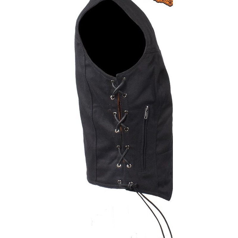 Womens Black Denim Motorcycle Vest with Side Laces Gun Pockets
