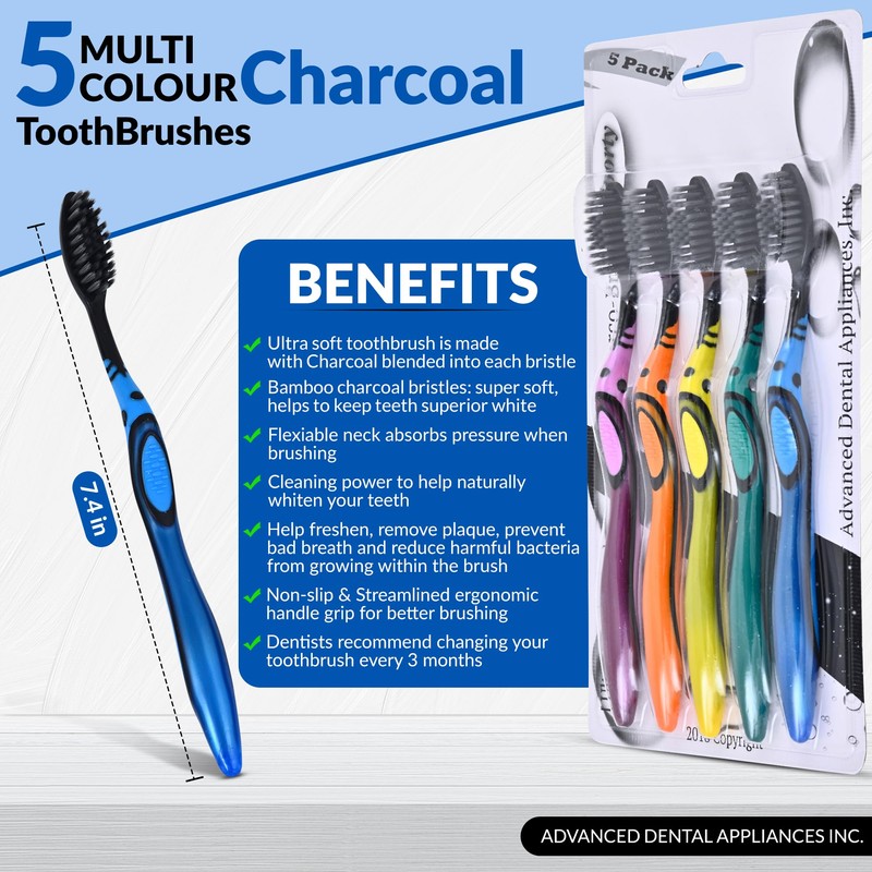 Advanced Oral Care Charcoal Toothbrush 5 Pack Soft Bamboo Bristle