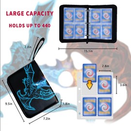 Trading Card Binder Card Binder Holder: 4-Pocket for Trading Cards Holder Sleeves Portable Card Collector Book Fits 440 Cards with 55 Removable Sleeves with Zipper(Double Dragon)