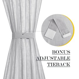 NICETOWN French Door Panel with Tieback - Linen Look Sheer Curtain Linen Textured Sheer French Door Panel with a Tieback (52 Width x 72 Length, Light Grey, 1 PC)