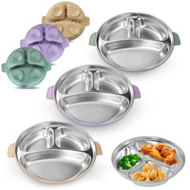 TAOceeXI Stainless Steel Toddler Plates with Suction | Non-Slip Divided Baby Plates BPA Free & Non Toxic | Detachable Silicone Base| Dishwasher Safe | Unbreakable Kids Dinnerware 3-Pack