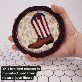 Cowboy Boot Drink Coasters, Braided Jute with Patriotic Deisgn, Woven Coaster for Mugs and Cups, USA Table Décor, 5 Inches (Set of 2)