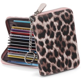 SENDEFN Women's Small Credit Card Holder with RFID Protection, Small Card Holder Wallet with 16 Compartments, Leather Card Holder with Zip and Key Ring, Pink Leopard, Modern
