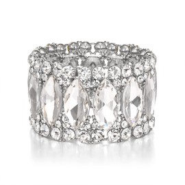 BriLove Wedding Bridal Elegant Crystal Double Row Rhinestones Marquise Cluster Stretch Bangle Bracelet for Bride Clear Silver-Tone