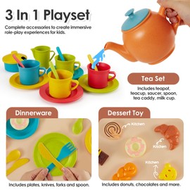 Buyger Play Kitchen Accessories, Play Dishes Plates and Utensils Tea Party Set Food Dessert Toys Gifts for Ages 3 4 5+ Years Old Kids Toddler Children