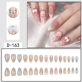 BQZQPAMZ Pink Medium Length Fake Nails Pink French Tip Press on Nails With 3D Bow Design Spring Cute Glue On Nails Natural Acrylic Nails for Women DIY Spring Summer Nail Art Supplies