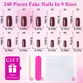 240pc Burgundy Press on Nails Short Square Fake Nails with Adhesive Tabs, Square Nails Press ons Short Glue on Nails Wine Red Acrylic Nails Stick False Artificial Fingernail for Women Girls