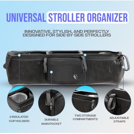 Cozee & Co. Double Stroller Organizer for Bob Duallie and Baby Jogger City Mini GT2 - Double Parent Stroller Caddy Organizer with Insulated Cup Holder and Cooler Bag, Double Baby Stroller Accessories
