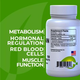 HALLUSA NATURAL HallVitamin B-6 100 mg - For Women and Men - Energy Metabolism - 100 TABS - 5 Bottle