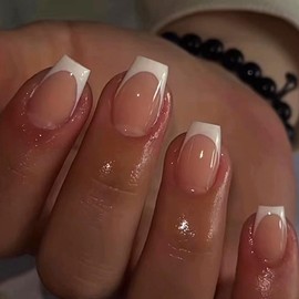 Ceboic Press on Nails Kurz Eckig, 24 Stück French Weiß Rand Künstliche Nägel, Nude Ballerina Nägel Zum Aufkleben Acryl Fingernägel Fake Nails für Frauen und Mädchen Nail Art Dekoration