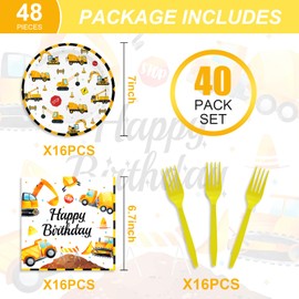 48PCS Construction Party Supplies,Disposable Tableware Include Plates Napkins Forks For 16 Guests,Construction Birthday Party Decorations For kids
