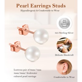 HAINBAG 6mm Pearl Earrings for Women, Handpicked Freshwater Pearl Stud Earrings Hypoallergenic 18K Rose Gold Vermeil Sterling Silver Earrings Studs
