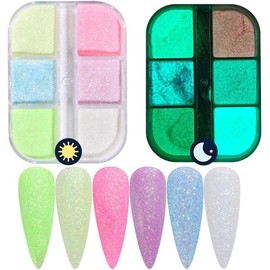 Juego de 6 Colores de Polvo Acrílico, Polvo Luminoso para Uñas en la Oscuridad, Pigmento de Neón, Lentejuelas, Arte de Uñas, Purpurina, Suministros para Arte de Uñas para Mujeres (#2)