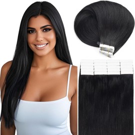Caliee Tape in Hair Extensions Human Hair Color 1 Jet Black 14Inch Tape in Extensions for Women 20Pcs 50Gram Reusable Soft Straight Human Hair Extensions Remy Hair