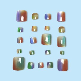 Cat Eye Press on Toenails,Color Gradient Fake Toe Nails with Simplicity Designs Glitter Stick on Toenails,Reusable Acrylic Toenails for Women Manicure False Nails Kit 24Pcs