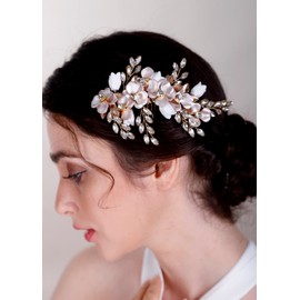 Teyglen Bridal Wedding Hair Combs Flower Rhinestones Crystal Side Hair Comb Floral Crystal Pearl Headpieces Bride Hair Accessories for Women Girls (Gold)